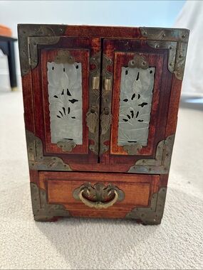 Carved Chinese Jewelry Box with Brass Accents and Jade Panels